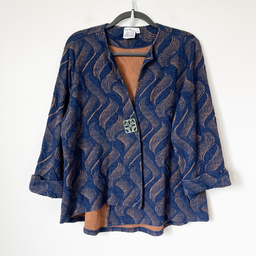 Parsley & Sage Textured Snap Cardigan Womens Large Navy Tan Artsy